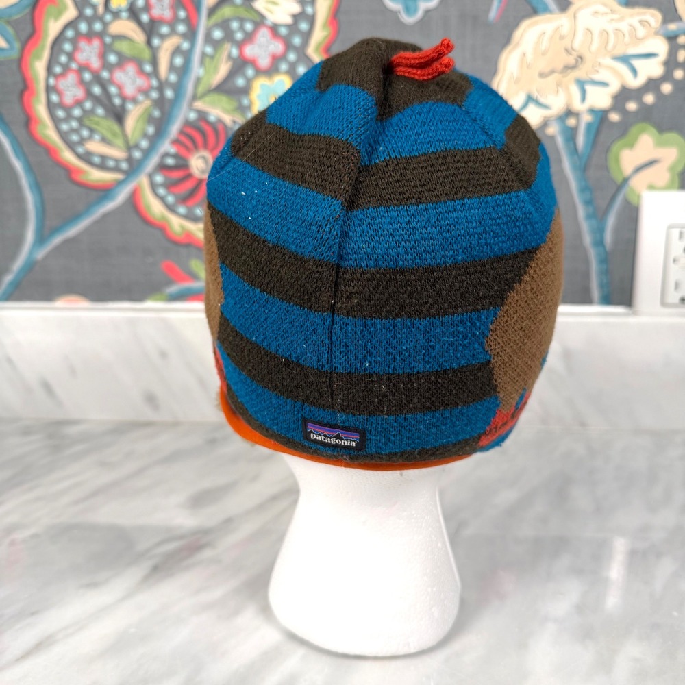 Patagonia Baby Buffalo Reversible Beanie Striped Fleece Lined Blue Brown 18-24M - Picture 6 of 8
